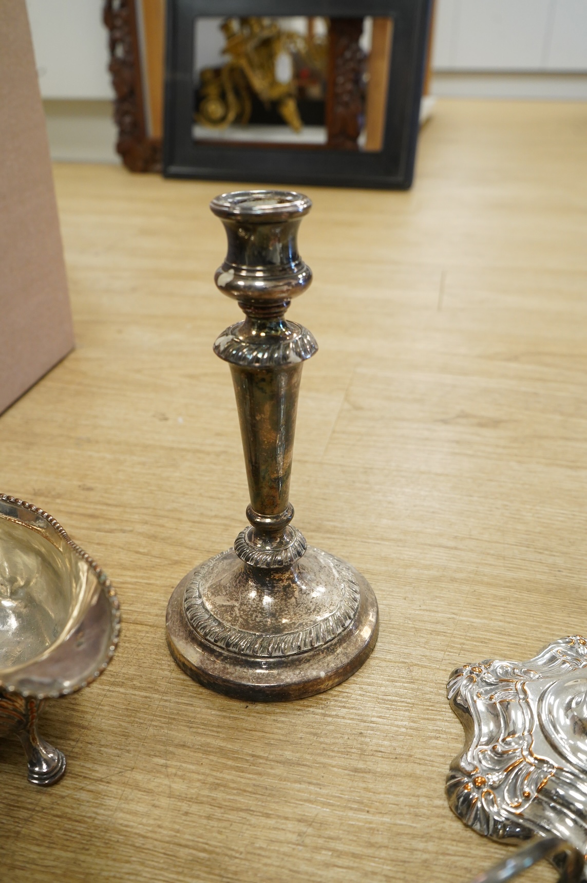 A pair of George III Old Sheffield plate candlesticks Mappin & Webb tea service